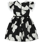 Girls Black Satin Bow Dress, 2, hi-res
